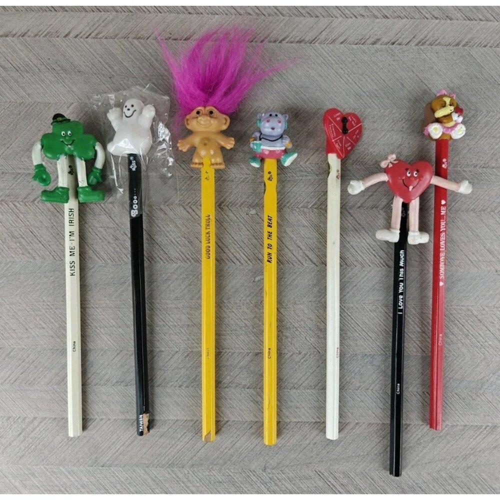 Vintage Russ Berrie Pencils W/Toppers Taiwan 1980's Troll Ghost Lot of 7